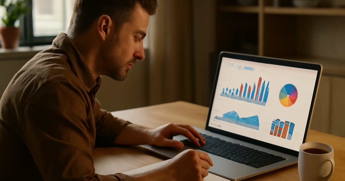 Small business owner reviewing a sales forecast spreadsheet on a laptop in a modern office